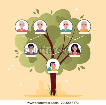 Family genealogical tree. Family history, grandson, parents, grandparents, generations. Poster or banner for website. Grandmother, grandfather, mother and father. Cartoon flat vector illustration