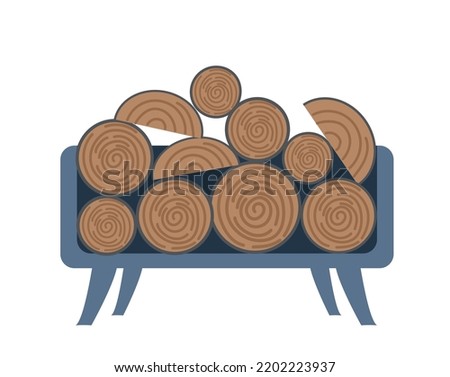Stand with firewood. Sticker with metal woodpile or container for storing wood blocks for fireplace or hearth. Fuel for kindling fire. Cartoon flat vector illustration isolated on white background
