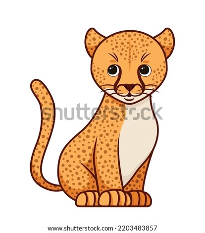 Jungle puma character. Toy for boys and girls, cute mascot and adorable logo. Social media sticker, briefcase badge and notebook label. Poster or banner for website. Cartoon flat vector illustration