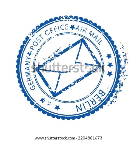 Blue post mark. Round stamp with inscription Germain Post office air mail, letter and stars. Business correspondence, communication and international interaction. Cartoon flat vector illustration