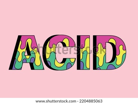 Psychedelic acid text. Red, yellow, green and blue letters on pink background. Graphic element for website in retro style. Hallucination and hippies concept. Cartoon flat vector illustration