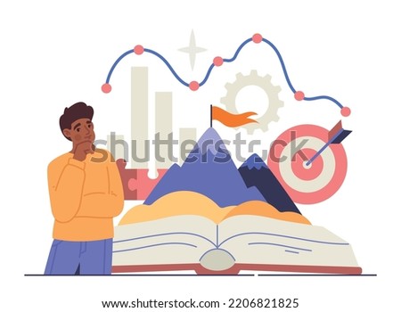 Concept of storytelling. Young guy shares his goals, talks about setting goals and achieving them. Poster or banner for website. Creative personality and entrepreneur. Cartoon flat vector illustration