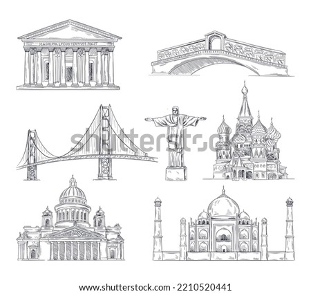 Set of world attractions. Linear sketches of various famous landmarks. Tourism and vacation. Statue of Christ Redeemer, St Basil Cathedral, Taj Mahal. Cartoon flat vector collection isolated on white