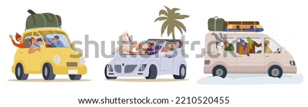 Set of people traveling by car. Happy smiling friends go on vacation in vehicle. Men and women go on trip on summer or winter weekend.. Cartoon flat vector collection isolated on white background