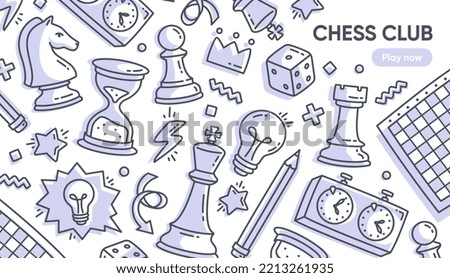 Chess club concept. Landing page with chess pieces and game elements in doodle style. Sketch for tournament or competition. Design element for website or applications. Cartoon flat vector illustration