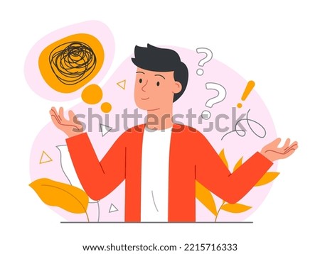 Person shrugging concept. Man thoughtfully spreads his hands to sides. Character doesnt know answer to question. Uncertainty and insecurity. Emotions and expressions. Cartoon flat vector illustration