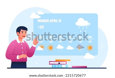 Weather forecast concept. Man on background of graphs and charts. Meteorology, specialist hosts show. Mass media, information and knowledge. Nature and environment. Cartoon flat vector illustration
