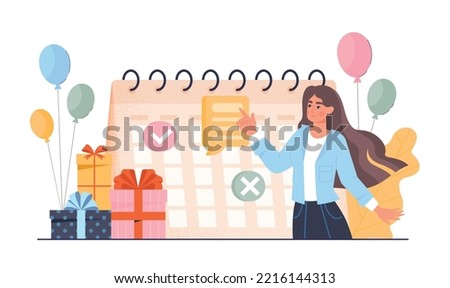 Businesswoman planning concept. Young girl stands next to calendar. Goal setting and motivation, time management. Scheduling and planning. Poster or banner. Cartoon isometric vector illustration