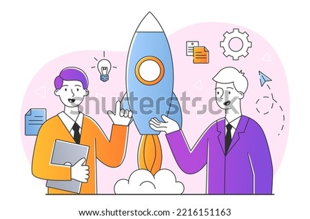 Business team concept. Men against backdrop of rocket taking off. Entrepreneurs and businessmen working on common project. Partnership, cooperation and collaboration. Cartoon flat vector illustration