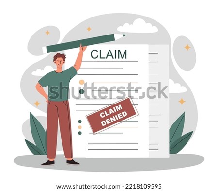 Denied claim concept. Seller didnot agree with criticism of customers. Court and jurisprudence. Man with large pencil stands next to sheet, document. Poster or banner. Cartoon flat vector illustration