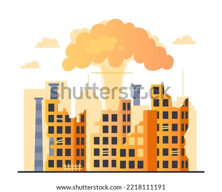 Destroyed city concept. Explosion behind highrise crashed buildings, bombardment and war. Crime and aggression, danger. Nuclear explosion or terrorism metaphor. Cartoon flat vector illustration