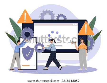 Program update concept. Modern technologies and digital world. Programmers and IT specialists download files. Technical support, assistants. Poster or banner. Cartoon flat vector illustration