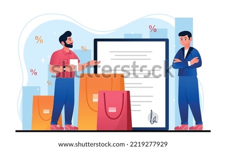 Sales representative concept. Man stands with shopping bags next to documents. Businessman and buyer make deal. Cashless payment and transactions, online shopping. Cartoon flat vector illustration