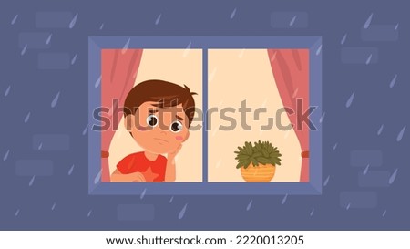 Sad Boy Looking at Rain from Window. Thoughtful little preschooler stay at home and misses warm weather. Downpour in autumn season. Cold and raindrops in fall. Cartoon flat vector illustration