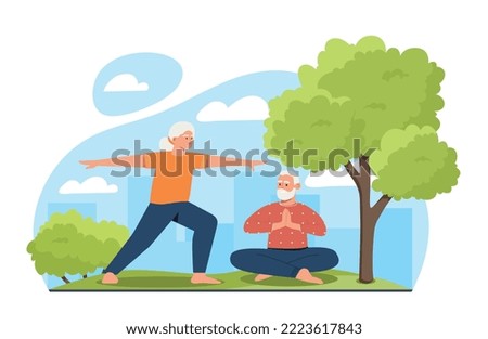 Old people doing yoga. Grandparents in park next to tree. Active lifestyle and sport, romantic date. Exercise for concentration and attention, internal balance. Cartoon flat vector illustration