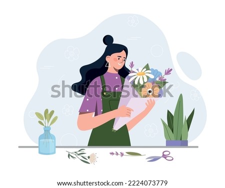 Florist seller concept. Woman collects bouquet of flowers. Aesthetics, beauty and elegance. Poster or banner for website. Charming and cute small business owner. Cartoon flat vector illustration