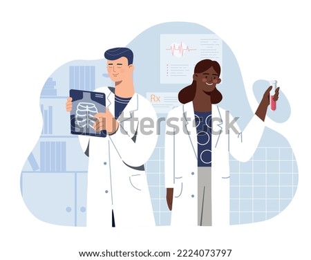 Doctors with xray. Man and woman in medical gowns diagnose patient and choose best method of treatment. Medical poster or banner for website. Experts check lungs. Cartoon flat vector illustration