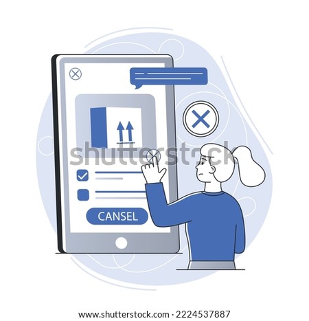 Order cancellation concept. Young girl stands in front of smartphone and refuses goods. Modern technologies and digital world. Online shopping and home delivery. Cartoon flat vector illustration