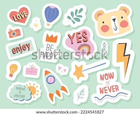 Doodle copy sticker set. Collection of graphic elements for website. Heart, bear head and balloon. Rocket, lightning and magic wand. Cartoon flat vector illustrations isolated on green background