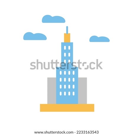 Skyscraper with spire icon. Urban architecture in modern style. Graphic element for printing on fabric. Exterior and Landscape. Business center and high rise house. Cartoon flat vector illustration