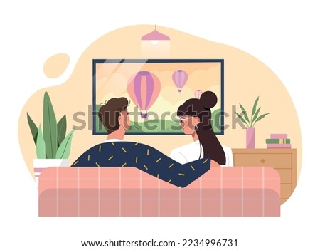 People watching TV. Man and woman sit on couch and look at screen. Young couple resting after work or study. Characters watching movies and series in evening. Cartoon flat vector illustration