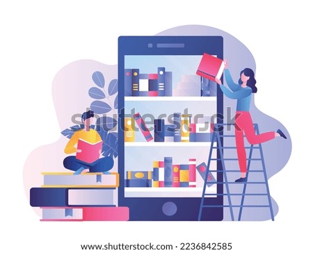 Online library concept. Man and woman take books from smartphone screen. Young couple reads and love for literature. Distance education, learning and training. Cartoon flat vector illustration