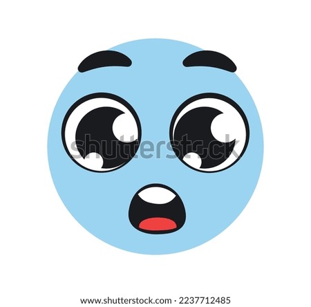 Funny surprised emoticon. Comic and humor, cute emoji. Blue character shocked. Poster or banner for website. Emotions, moods and feelings, facial expressions. Cartoon flat vector illustration