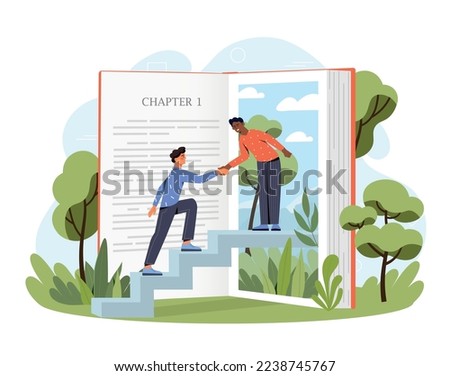 Inside book concept. Man helps young guy up stairs. Metaphor of fantasy and imagination, fiction literature and love for reading. Poster or banner for website. Cartoon flat vector illustration
