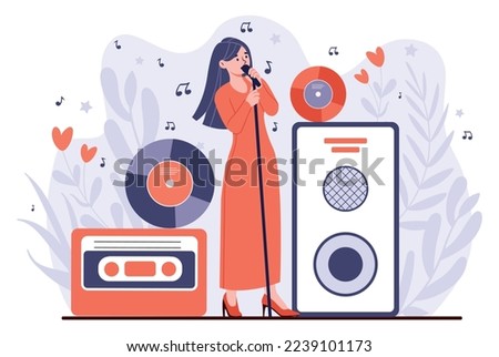Audio engineer concept. Young person with microphone speaks in front of speakers. Woman sings, singer and musician. Creative personality on show or at studio. Cartoon flat vector illustration