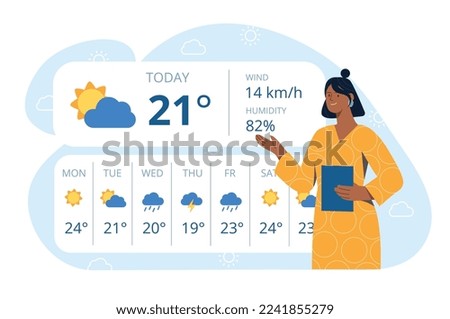 Weather forecast concept. Woman meteorologist, forecasts. Modern technologies and digital world. Poster or banner for website. Application and program, TV show. Cartoon flat vector illustration