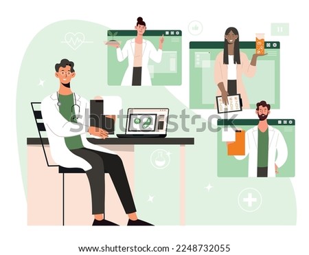 Online medical conference. Man with microscope sits at laptop and communicates with colleagues, experts exchange knowledge. Scientific research and drug development. Cartoon flat vector illustration