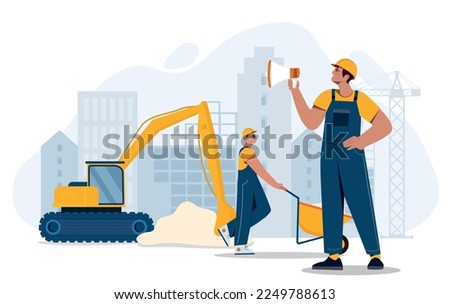 Construction work concept. Man in helmet with loudspeaker and young guy with cart next to tractor. Urban architecture, repairmen and workers. Poster or banner. Cartoon flat vector illustration