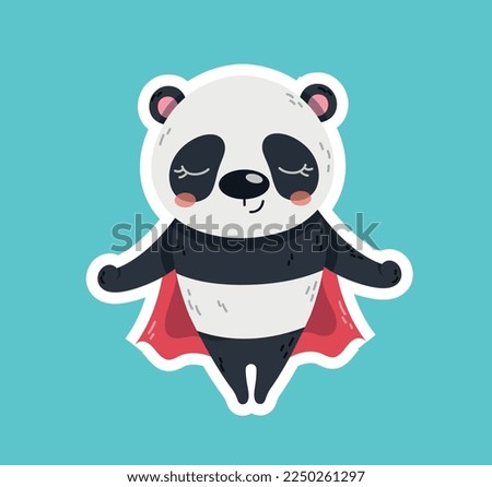 Cute superhero panda icon. Sticker for social networks and instant messengers. Asian exotic animal wearing mask and cloak meditating. Concentration and inner peace. Cartoon flat vector illustration