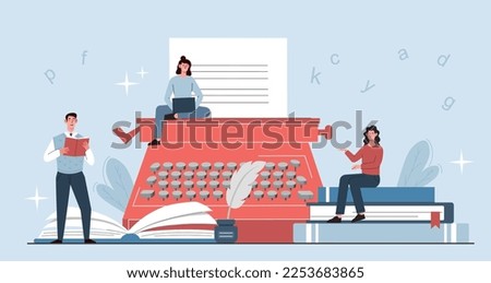 Creative people concept. Man with book and woman with typewriter. Team of copywriters and writer, talented authors produce content for websites. Remote employees. Cartoon flat vector illustration