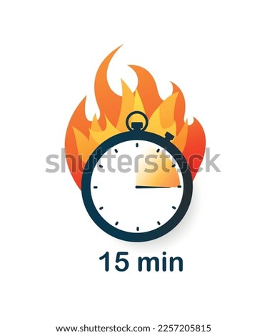 15 minutes clock on fire icon. Quarter of hour and segment on circle. Template, layout and mock up. Burning timer, notification for programs and applications. Cartoon flat vector illustration