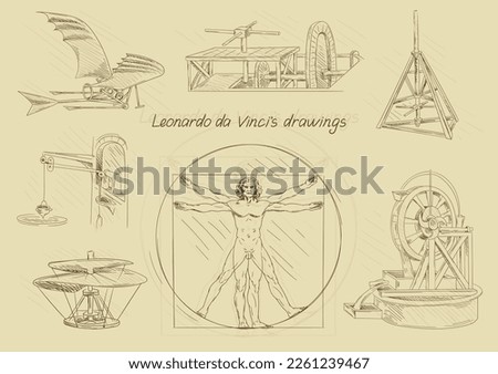 Italian Renaissance. Poster with inventions and scientific discoveries of Leonardo da Vinci. Portrait of Virtuvian man, scheme of first helicopter. Cartoon flat vector collection isolated on beige