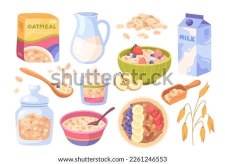 Set Oatmeal Breakfast. Stickers with porridge with fruits and berries, jar of granola and oat flakes with milk, Healthy food or diet. Cartoon flat vector collection isolated on white background