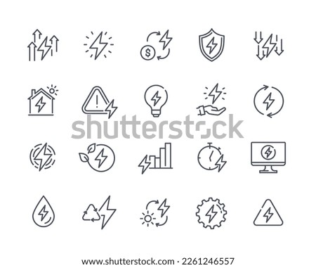Set of linear icons related to energy. Stickers with alternative electricity sources, lightning bolts and light bulb with electric power. Cartoon flat vector collection isolated on white background
