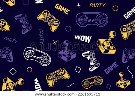 Game seamless pattern. Repeating design element for printing on fabric. Controller, gamepad and joystick, party and entertainment, fun. Video games and consoles. Cartoon flat vector illustration