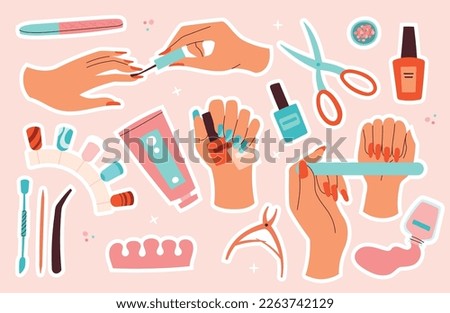 Manicure stickers set. Collection of female hands with colorful nails. File and varnish, scissors and forceps, beauty salon and pedicure. Cartoon flat vector illustrations isolated on pink background