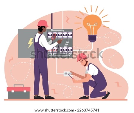 Electricians at workplace. Workers in protective helmets and uniforms check socket and repair electrical equipment in apartment or house. Repairmen and technicians. Cartoon flat vector illustration