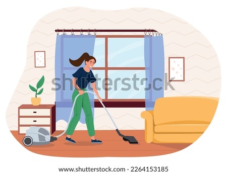 Woman vacuuming floor. Young girl cleaning apartment. Cleanliness and hygiene, routine and household chores. Home Activity, girl washing living room, housekeeping. Cartoon flat vector illustration