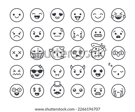 Set of linear emoji faces. Black and white icons with faces expressing different emotions. Sad, happy, funny, loving, crying and angry characters. Cartoon flat vector collection isolated on white