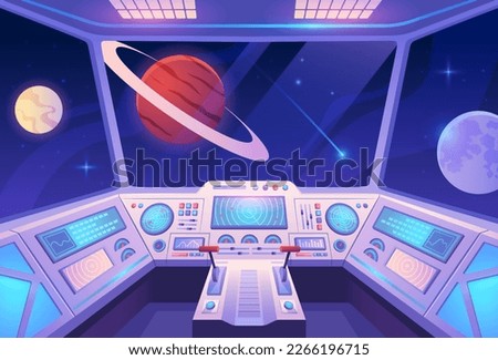 Spaceship interior. Colorful poster with view from cockpit of rocket to planets and stars in outer space. Design element for mobile game or application. Cartoon flat vector illustration