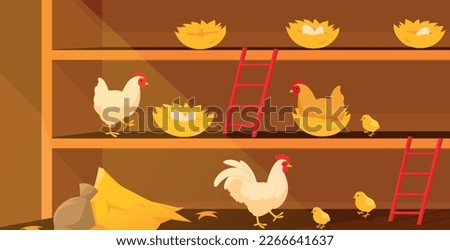 Chicken coop banner. Animals and nest with eggs. Farming and agriculture. Natural and organic products. Mother with kids, chicks. Hen house on farm, rural barn. Cartoon flat vector illustration