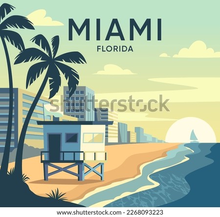 Miami Florida street. Retro poster with Miami beach, american architecture, ocean and silhouette of palm trees. Modern buildings and coastline. Tourism and travel. Cartoon flat vector illustration