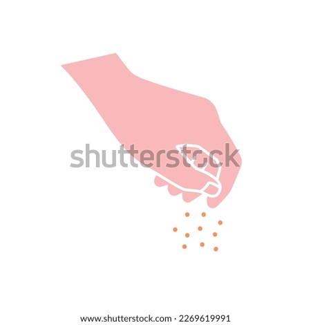 Hand sprinkles spices. Chef or cook adds salt or pepper to dishes. Cooking and preparation. Logotype for cafe or restaurant. Pinch of salt. Cartoon flat vector illustration