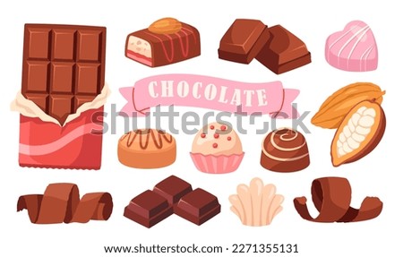 Set of chocolate icons. Stickers or illustrations with chocolate bar, sweet candies and cocoa beans. Delicious desserts and confectionery. Cartoon flat vector collection isolated on white background
