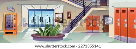 School hallway interior. University corridor with lockers, green plant, classrooms, stairs, vending machine and board with reminders and schedule. Campus lobby. Cartoon flat vector illustration