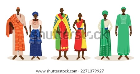 Set of African people in tribal costumes. Men and women in traditional national clothes with accessories and headdresses. Residents of Nigeria. Cartoon flat vector collection isolated on white